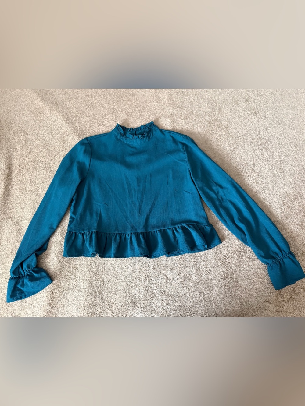 Teal Ruffle-Hem Long Sleeve Blouse